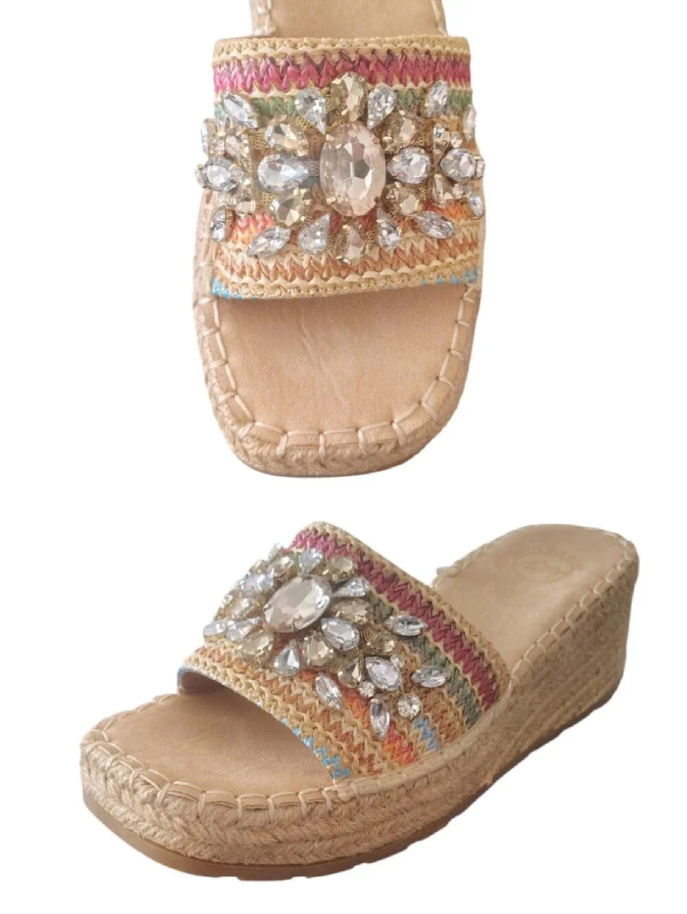 White‎ Mountain Multicolor Stitch Espadrille Wedge Sandals 7.5 NWT Resortwear